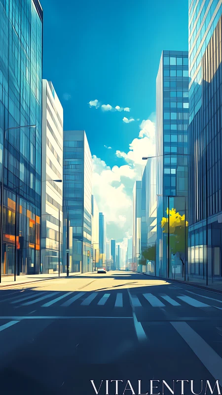 Sunlit glass city avenue in minimalist digital style.