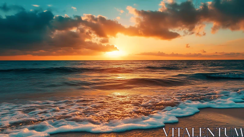 Low-angle coastal sunset with foamy shoreline wave dynamics