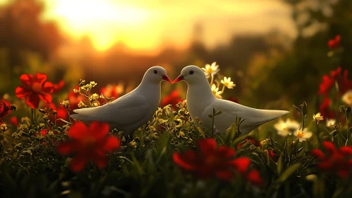 Pair of White Doves Touching Beaks Among Red and Yellow Flowers at Golden Hour