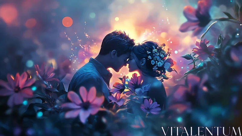 Luminous Romance: Digital Rendering of Intimate Couple Among Ethereal Flora.
