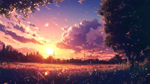 Spectral dusk over meadow topology with volumetric clouds.