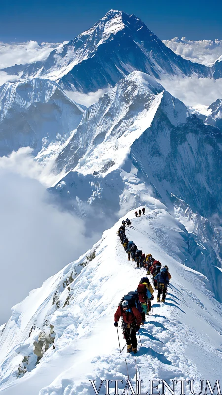 High-altitude climbers on narrow Himalayan summit ridge ascent
