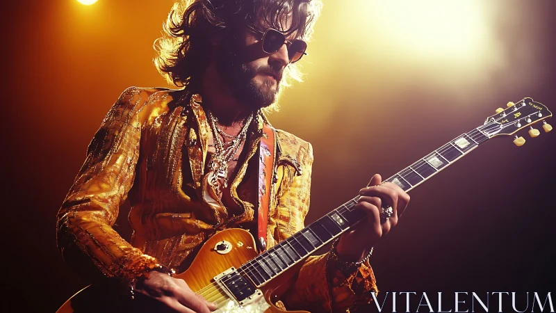 Rock guitarist onstage with electric guitar under warm lights.