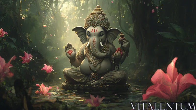 Ganesha statue glows in misty rainforest pond with drifting petals