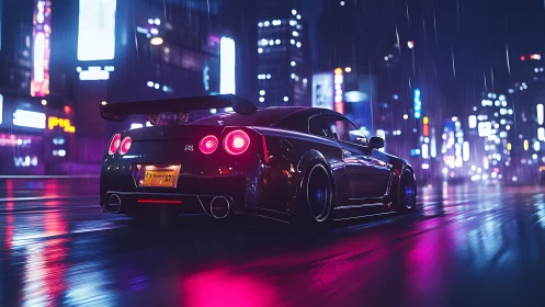 Rear three-quarter supercar in neon-soaked rainy night city street