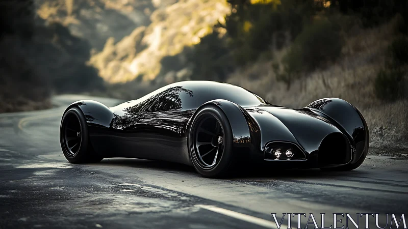 Aerodynamic black concept hypercar on deserted mountain road.