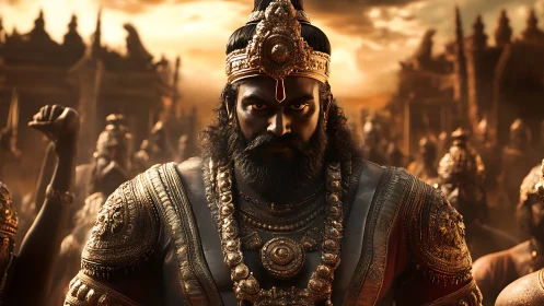 Imperial warlord in gold armor under molten dusk sky.