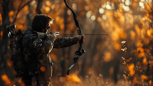 Camouflaged archer drawing compound bow in autumn forest.
