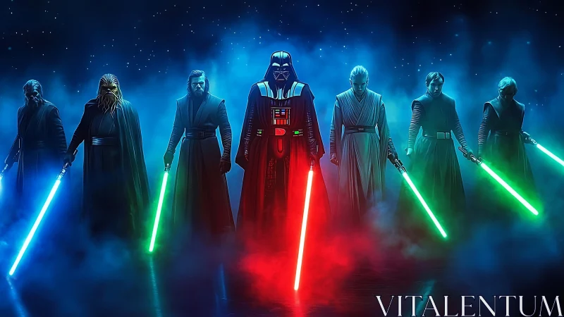 Cinematic lineup of cloaked warriors with glowing plasma blades