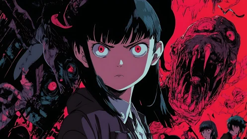 Fierce anime heroine standing strong in a nightmarish world.