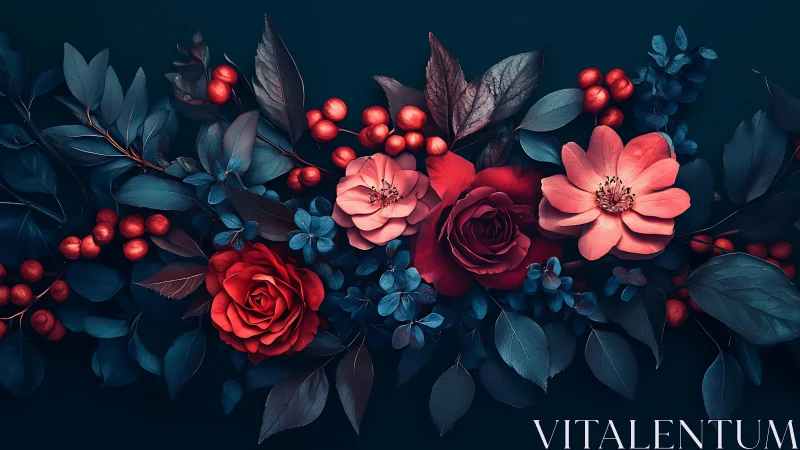 Crimson Roses and Berries Against Teal Foliage.
