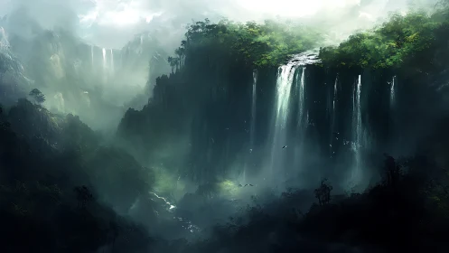 Majestic Waterfall Canyon Embraced by Misty Green Wilderness