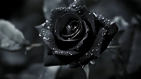 Black rose macro with water droplets in soft focus background.