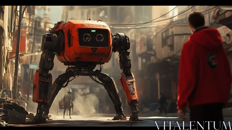 Four-legged orange robot in narrow urban alleyway setting.