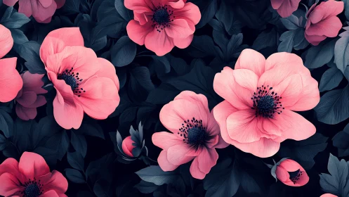 Digital botanical rendering: Hybrid anemone flowers with salmon-coral petals on dark tonal foliage.