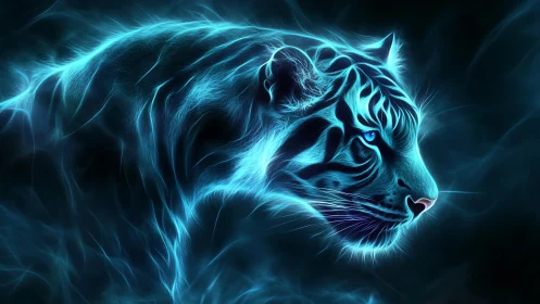 Electric blue tiger spirit roaming a neon night dreamscape.