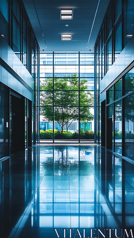 Modern glass corridor frames tree with reflective symmetry.
