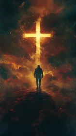 Backlit cruciform portal with silhouetted figure in nebular haze.