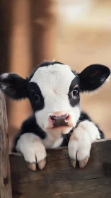 Photorealistic close-up of Holstein calf at wooden fence rail
