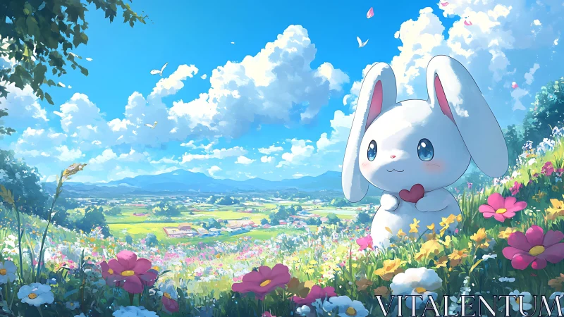 Sweet bunny daydreams in a bright, flower filled meadow.