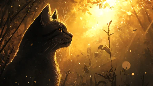 Backlit feline profile in luminous golden forest vignette.