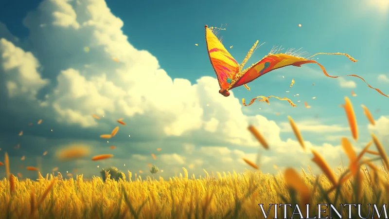 Vivid kite ascends above wheat field under dramatic cumulus