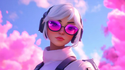 Futuristic gamer girl with pink glasses and clouds.