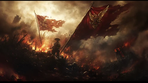 Lone war captain beneath burning crimson empire banners.