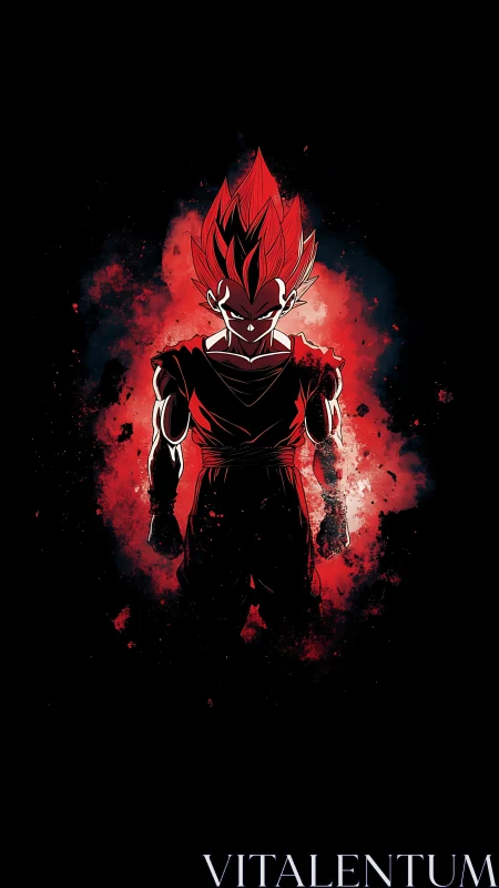 Silhouetted anime warrior stands in red energy burst field