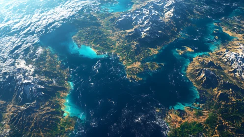 Satellite-style render shows coastal mountains and shallow seas