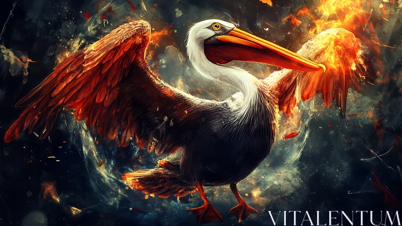 Majestic Pelican with Fiery Wings in Surreal Digital Art Style.