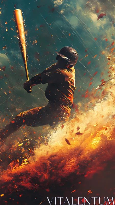 Baseball hitter drives molten swing through blazing storm.