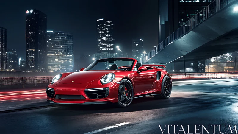 Midnight red sports car cruising through the glowing city streets.