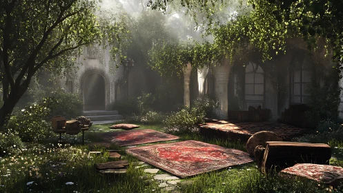 Sunlit courtyard retreat with overgrown rugs and arches.