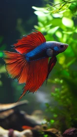 Blue and red betta fish swimming in planted aquarium.