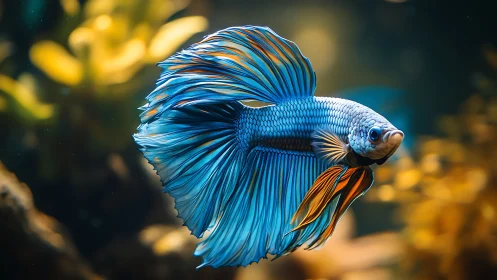 Macro portrait of flowing blue betta fish in warm bokeh tank