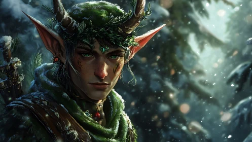 Winter ranger elf with antler crown in snowy forest dusk.