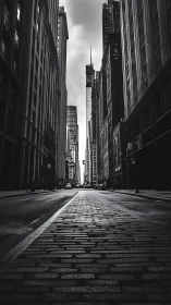 Monochrome high-rise canyon with vanishing-point brick roadway.