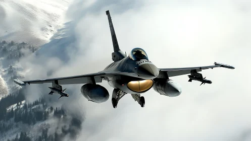 Fighter jet cuts through mountain clouds in crisp daylight flight.