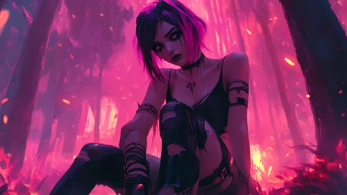 Neon-haired rebel rests in a burning, otherworldly forest.