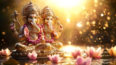 Golden Ganesh statues with lotus flowers and warm light.