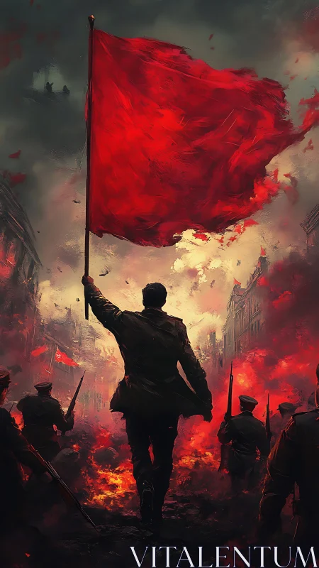 Bold figure raises a blazing red flag above burning streets