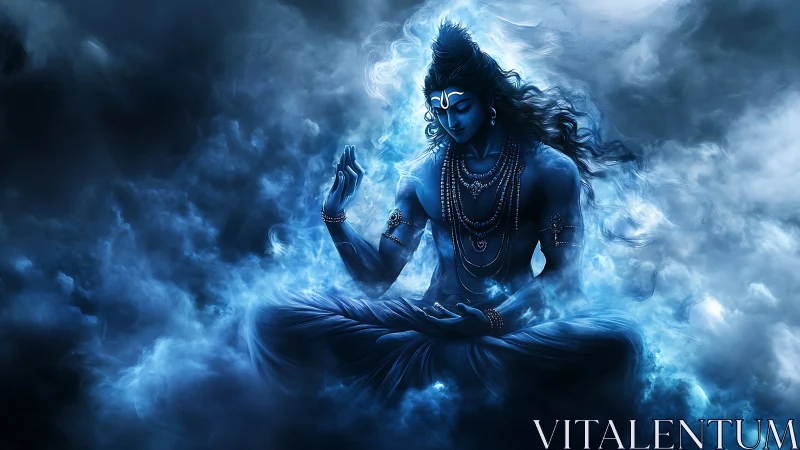 Blue ethereal deity in meditative lotus, enveloped by luminous mist