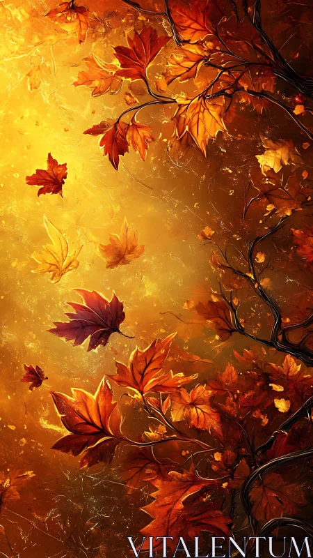 Golden autumn leaves drift gently through warm evening light