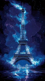 Electroluminescent Eiffel lattice amid spectral Parisian night.