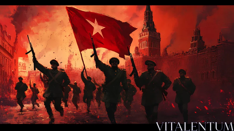 Crimson city march under a lone white star banner.