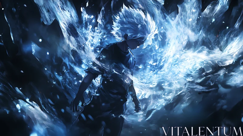 Icy haired anime warrior amid erupting blue ethereal energy