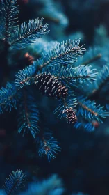 Midnight spruce needles cradle quietly glowing pinecones