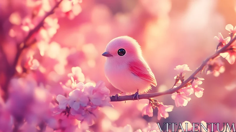Pastel songbird resting among luminous cherry blossoms.