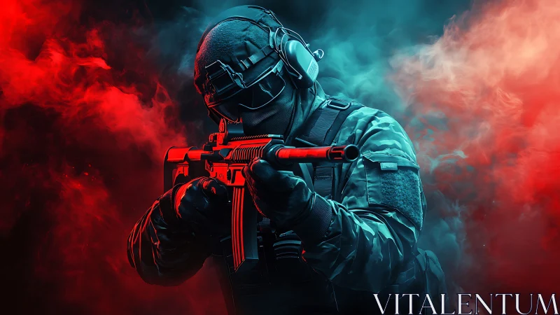 Tactical soldier aims rifle through red cyan combat smoke.